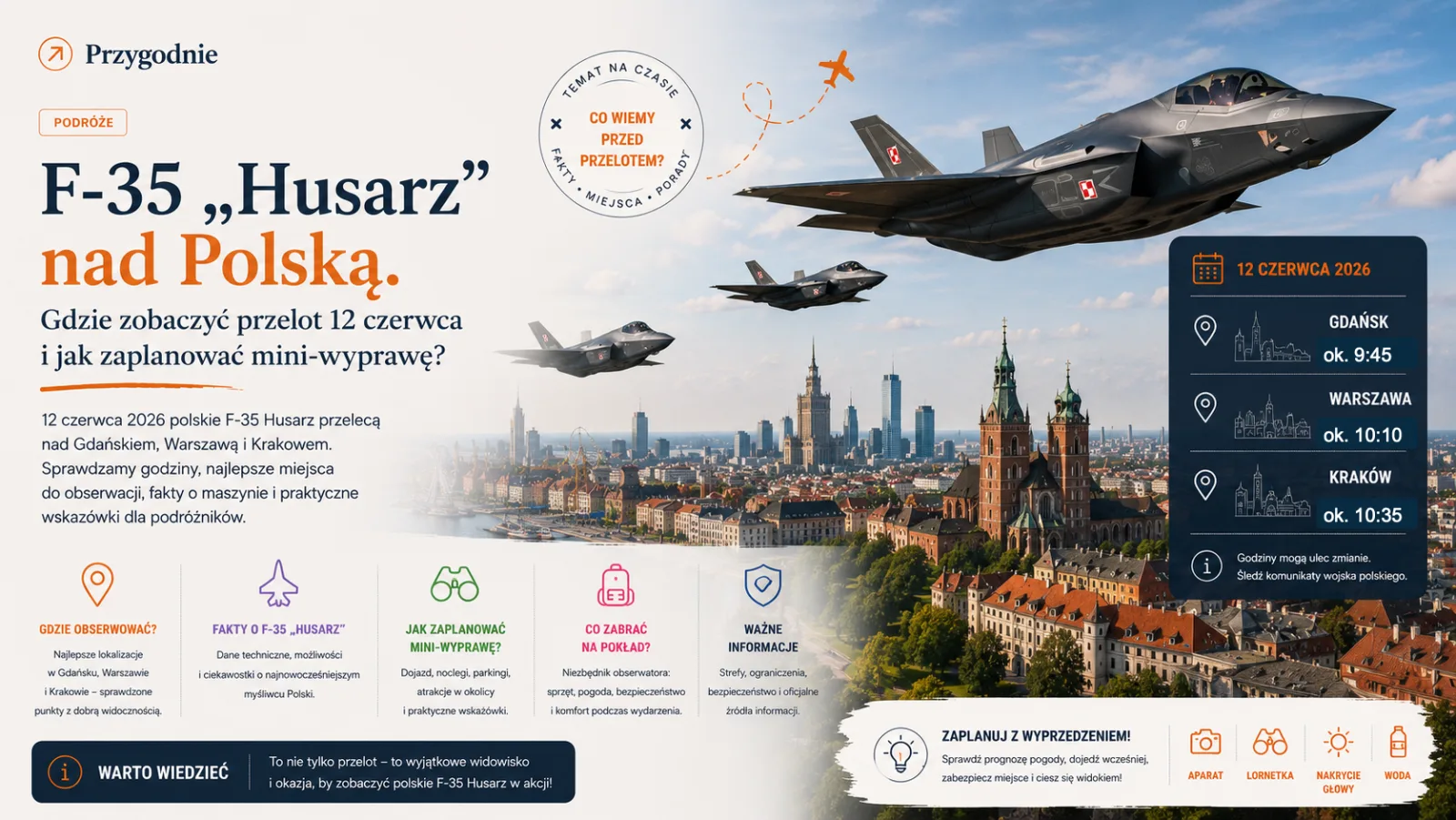 Infografika Przygodnie o przelocie F-35 Husarz nad Gdańskiem, Warszawą i Krakowem 12 czerwca 2026 roku.
