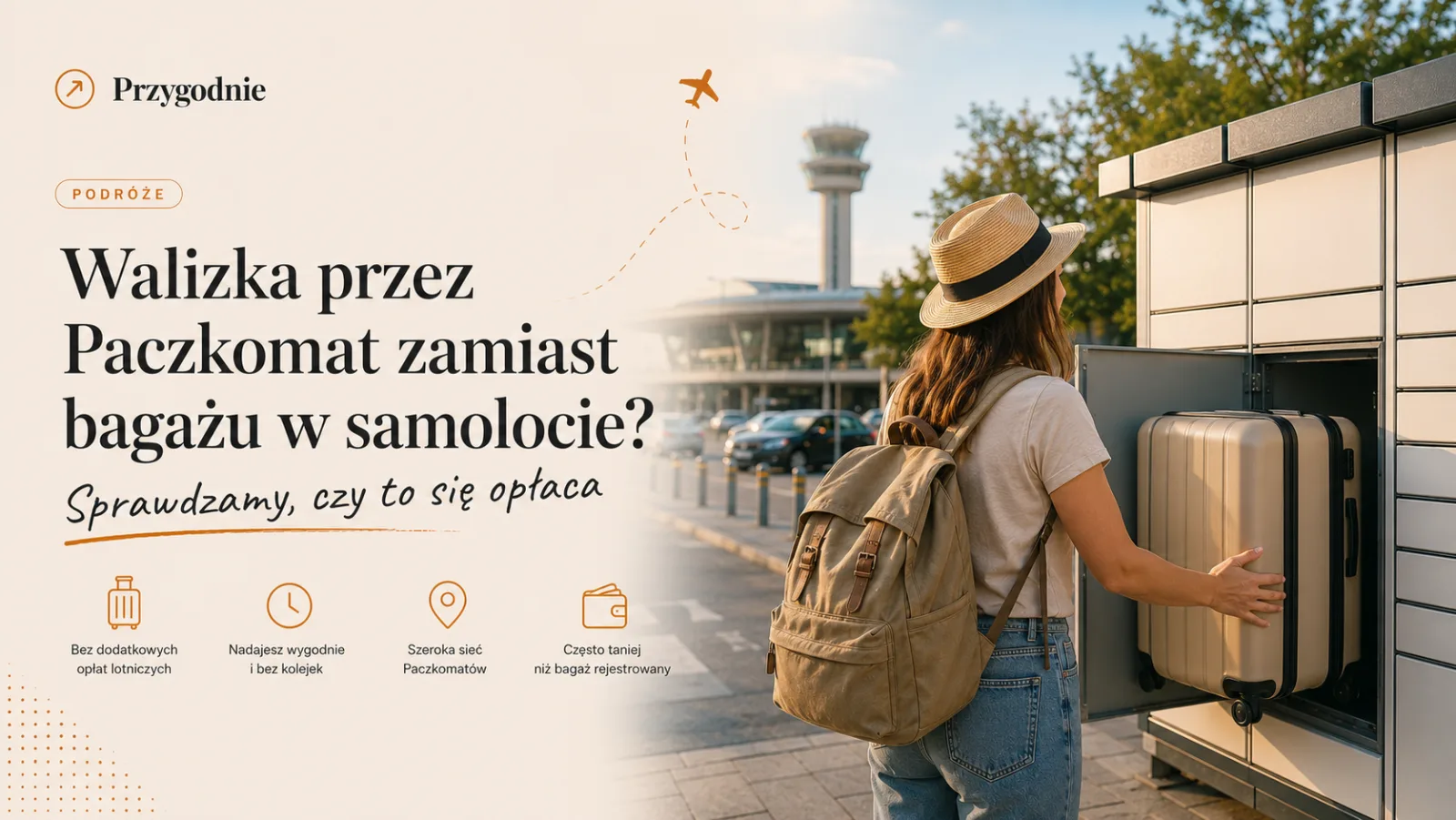 Podróżniczka z plecakiem i słomkowym kapeluszem wkłada twardą walizkę do skrytki Paczkomatu, w tle lotnisko i samolot — okładka artykułu o wysyłce walizki Paczkomatem zamiast bagażu w Ryanair i Wizz Air.