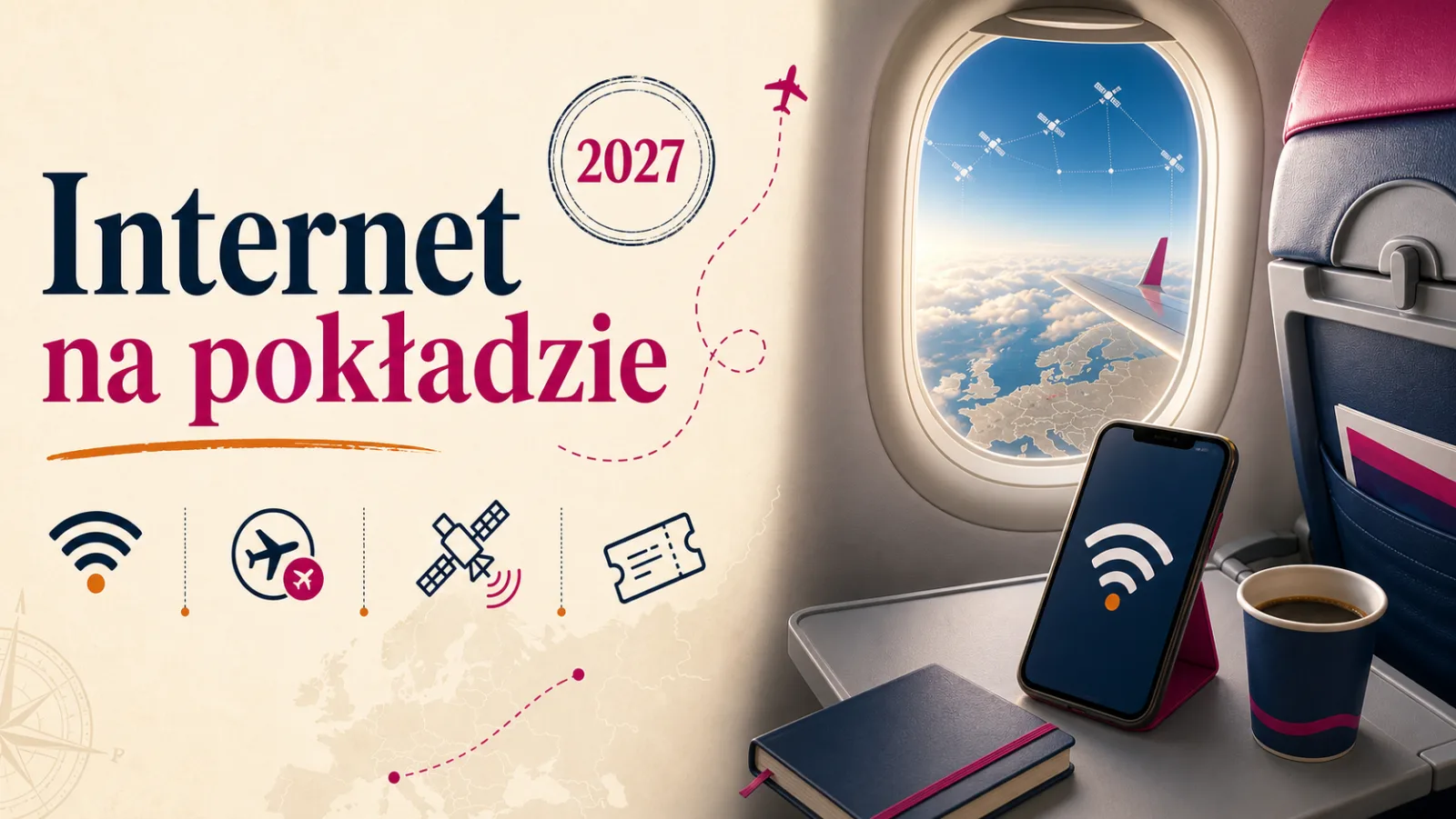 Okładka Przygodnie z napisem Internet na pokładzie, widokiem z kabiny samolotu nad Europą, smartfonem z ikoną Wi-Fi i pieczątką 2027.